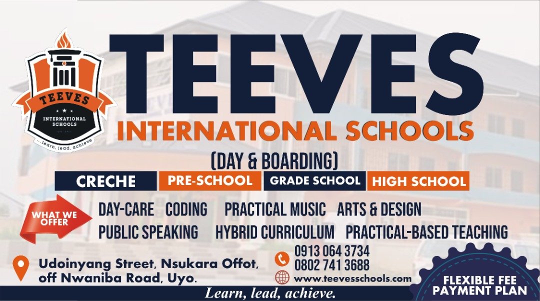 9jaecho's tweet image. TEEVES INTERNATIONAL SCHOOLS is here to give your child/ward a brighter future. 
For admission, visit Udoinyang Street, Nsukara Offot, Off Nwaniba Road, Uyo. 
Call: 09130643734, 08027413688