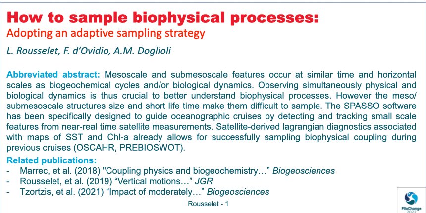 SWOT_AdAC's tweet photo. #VirtualPosterSession #FilaChange
How to sample biophysical processes?
Louise Rousselet et al. propose an #adaptive #sampling #strategy based on the use of the software #SPASSO
(Software Package for an Adaptive Satellite-based Sampling for Oceanographic cruises) https://t.co/cMTgpv5tsX