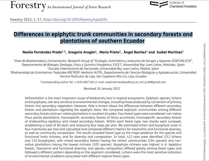 Enhorabuena a la #biodiversa <a href="/90Ne/">Noelia</a> por el artículo en <a href="/Forestry_OUP/">Forestry - An Int. Journal of Forest Research</a> "Differences in epiphytic trunk communities in secondary forests and
plantations of southern Ecuador" junto a <a href="/IMartinezlichen/">Isabel</a> <a href="/MariaPrietoAlv1/">Maria Prieto Alvaro</a> y G.Aragón <a href="/ESCET_URJC/">ESCET (URJC)</a> <a href="/URJCcientifica/">URJCcientifica</a> academic.oup.com/forestry/advan…