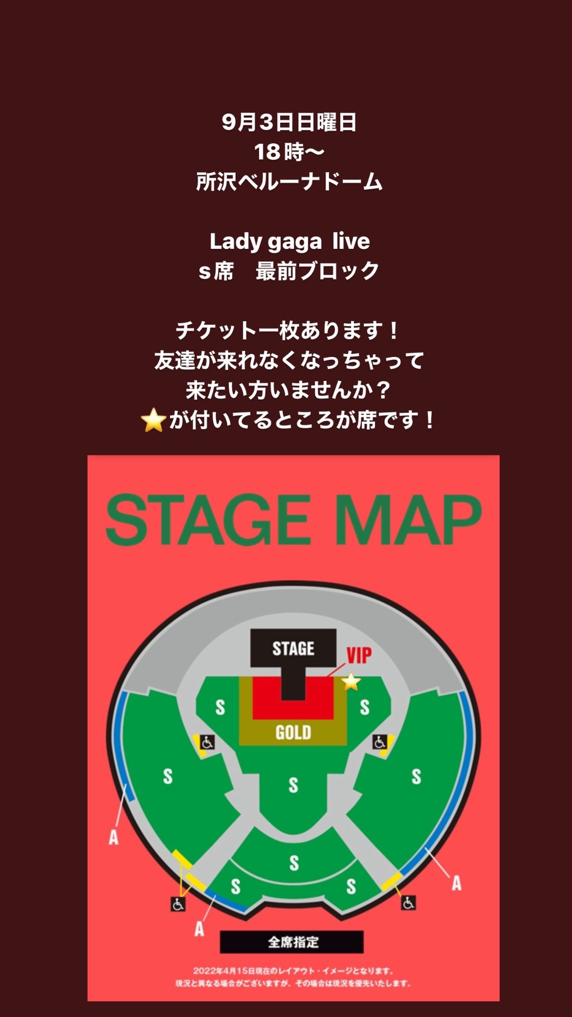 レディーガガ ライブチケットS席良席1枚