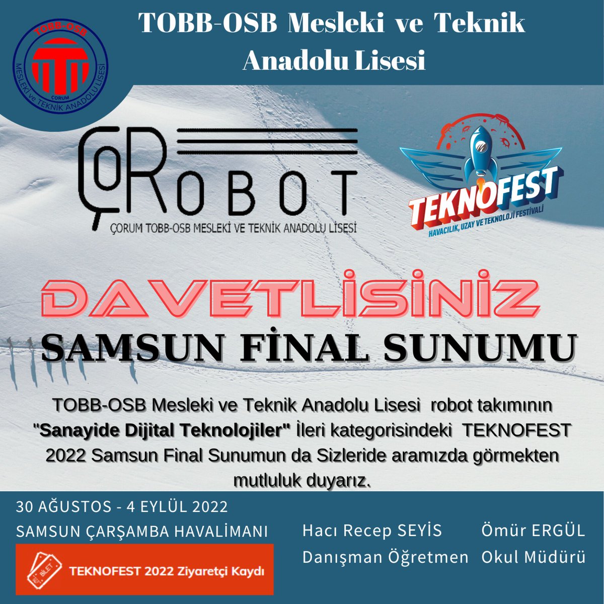 tobbosbmtal19's tweet photo. TEKNOFEST 2022 finalleri için 2-3-4 Eylül 2022' de Samsun Çarşamba Havalimanındayız.
@muhsindere @nznsener @Corum19MEM @MeslegimHayatim @CorumMeslek    @Corumtso @cosiad_ @desmudtr https://t.co/N2nZ7sRiBZ