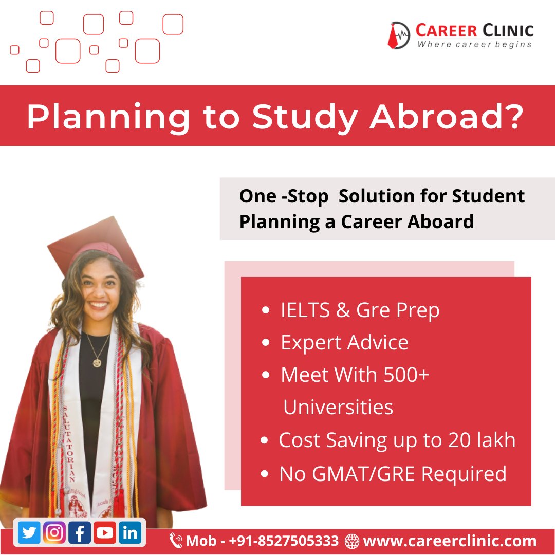 Planning to study abroad?
.
.
One-stop solution for student planning a carrier aboard
.
.
Hastag:-
#carrerclinic #internationalstudents #internationaldegree #abroadstudy #overseaseducation #masterdegree #scholarship #studentlife #careercoach #careerdevelopment #careercounselling