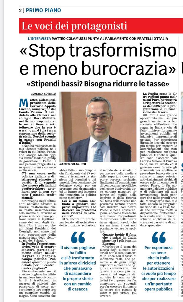 M_Colamussi's tweet photo. La mia intervista per @ledicoladelsud di oggi. Detassare il lavoro, investire nell’Istruzione e nella Ricerca, sburocratizzazione: 3 obiettivi importantissimi per il rilancio economico del nostro Paese.
#ElezioniPolitiche22 @FratellidItalia @GiorgiaMeloni #pronti #Italia https://t.co/wKi6X1uqT1