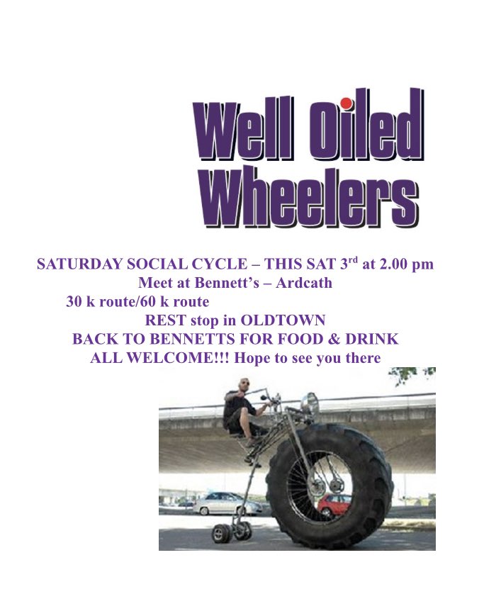Numbers looking good for Saturdays spin. 2 great routes at a nice steady pace, rest stop in old town and back to Bennett’s for food 
All welcome
Meet at 2.00 pm
Hope to see all members new &amp; old out