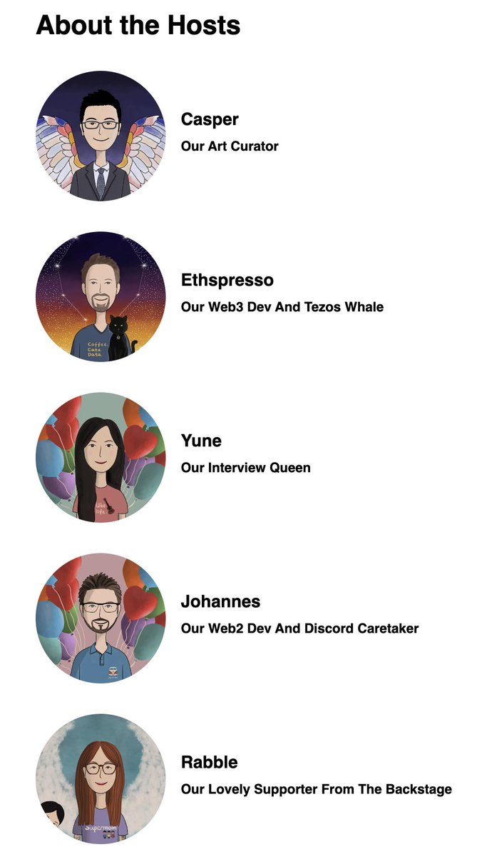 TheAngelsWing's tweet photo. GM! ☀️ This is the Angels' Wing team!
⭐️ @CryptoCasperB – Our art curator
⭐️ @ethspresso – Our web3 dev and tezos whale
⭐️ @yunewild – Our interview queen
⭐️ @HausHoppe – Our web2 dev and discord caretaker
⭐️ @0xrabblerouser – Our lovely supporter from the backstage
#angelswing https://t.co/w4fFeIqKpD
