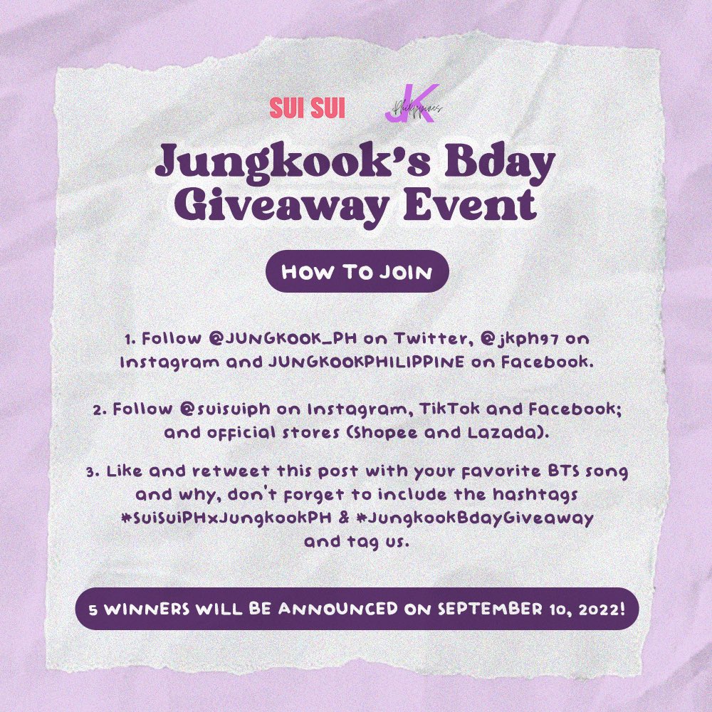 JUNGKOOK_PH's tweet photo. 🎉Jungkook Bday Giveaway🎉

The celebration is not over! Together w/ @suisuiph we’re giving away W.Dressroom perfumes, 1 of JK’s fave fragrances, to 5 lucky PH ARMYs!!💜

GA starts now until Sep 8. Winners will be announced on Sep 10! 

#SuiSuiPHxJungkookPH
#JungkookBdayGiveaway https://t.co/R9TWVvf6HV
