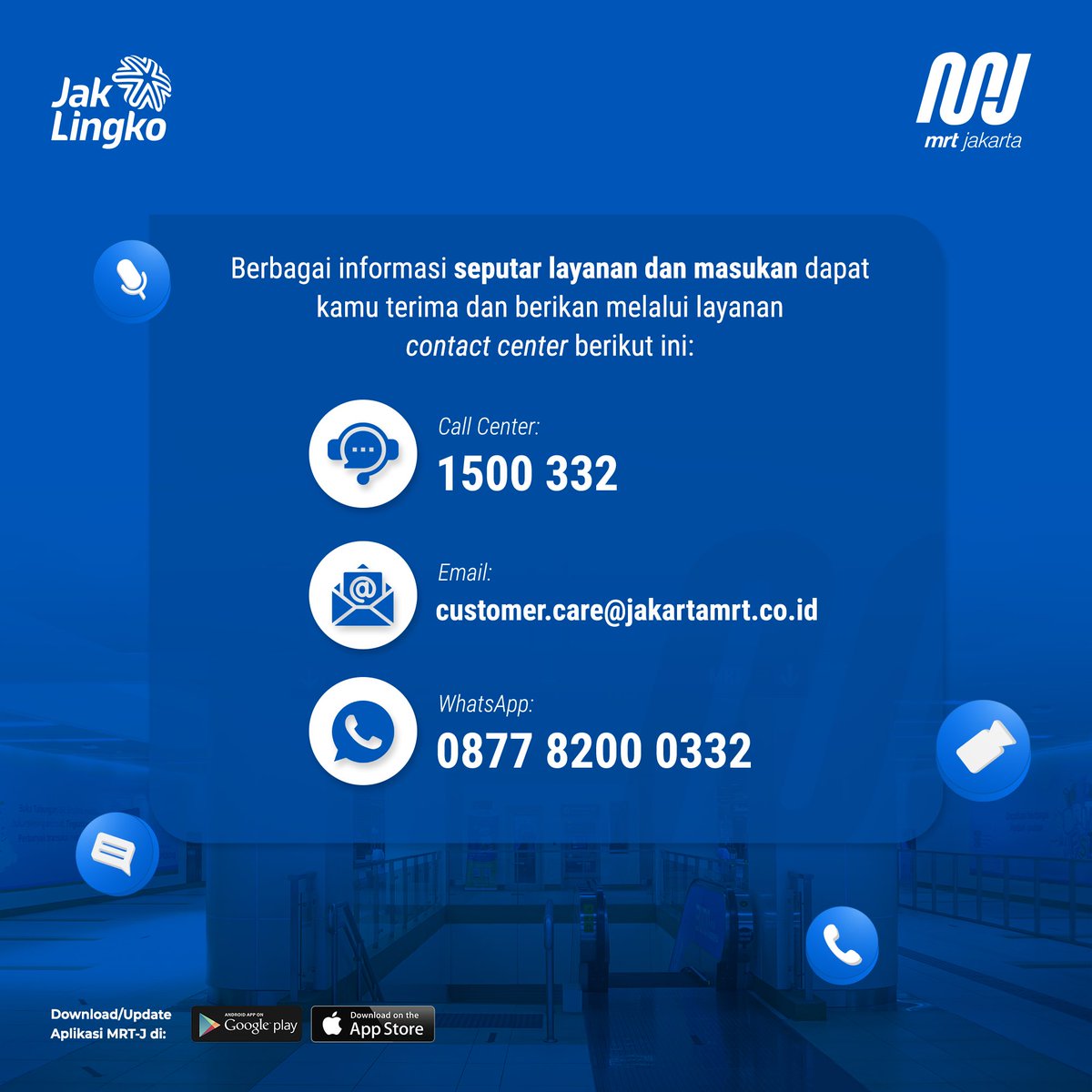 mrtjakarta's tweet photo. Teman MRT, butuh informasi atau punya masukan seputar layanan MRT Jakarta?

Banyak saluran yang bisa kamu gunakan melalui layanan contact center MRT Jakarta, lho. 

Yuk, simak info selengkapnya!

#MRTJakarta
#UbahJakarta https://t.co/B7xy7ybaHd