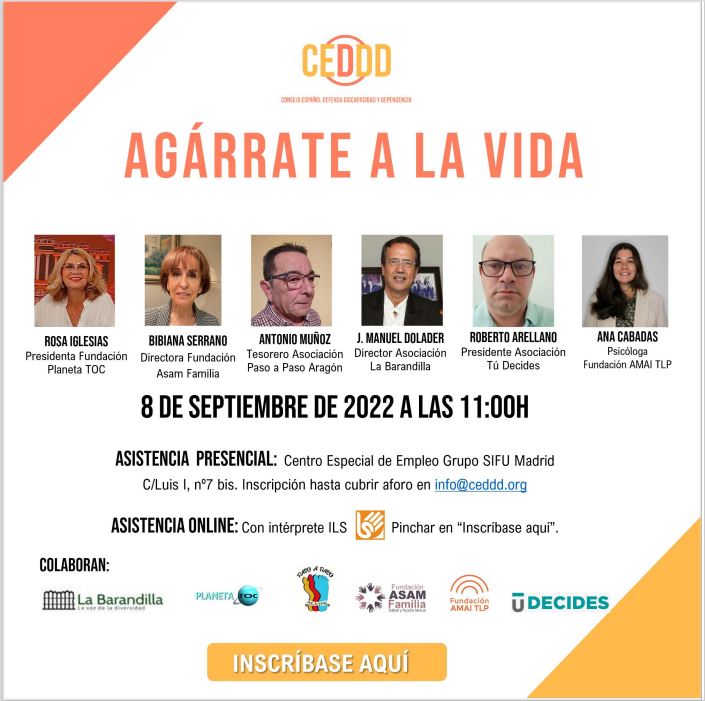 CEDDD (@ceddd_) on Twitter photo #savethedate | El jueves, 8 de septiembre, te esperamos en la #jornadaCEDDD para la prevención del suicidio 'Agárrate a la vida', con <a href="/Planeta_toc/">Planeta_TOC</a>, <a href="/RadioBarandilla/">Radio La Barandilla</a>, <a href="/AsocTuDecides/">AsociacionTúDecides</a>, <a href="/pasoapasoaragon/">Asociación Paso a Paso Aragón</a>, <a href="/AMAITLP/">AMAI TLP</a> y @FundacionASAM
+info e inscripciones: bit.ly/3zmGjdN #savethedate | El jueves, 8 de septiembre, te esperamos en la #jornadaCEDDD para la prevención del suicidio 'Agárrate a la vida', con <a href="/Planeta_toc/">Planeta_TOC</a>, <a href="/RadioBarandilla/">Radio La Barandilla</a>, <a href="/AsocTuDecides/">AsociacionTúDecides</a>, <a href="/pasoapasoaragon/">Asociación Paso a Paso Aragón</a>, <a href="/AMAITLP/">AMAI TLP</a> y @FundacionASAM
+info e inscripciones: bit.ly/3zmGjdN