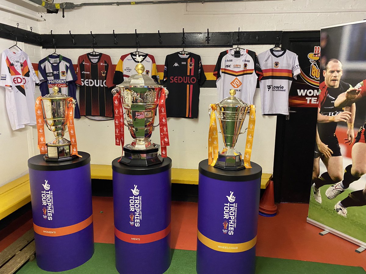 OfficialBullsRL's tweet photo. 🏆 We’re all set up at Odsal for the @RLWC2021 Trophies at Odsal today till 1pm.
📸 Get yourself down and have your photo taken with the trophies!
#rlwc2021 #ThisIsRealImpact https://t.co/eYvK3dGPP7
