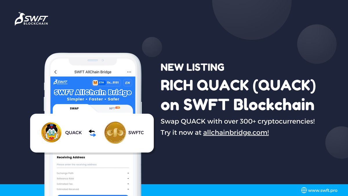RichQuack's tweet photo. New Listing!

$QUACK is available now on @SwftCoin AllChain Bridge!

Start to:
🔸Swap $QUACK directly with 300+ #crypto
🔸Buy #NFTs &amp; #GameFi assets
🔸Share $QUACK using SWFT red packet

Try it now:
🔹dApp: https://t.co/Be6P7CIrw1
🔹App: https://t.co/M75BKPAudG https://t.co/LrRAIwW24C