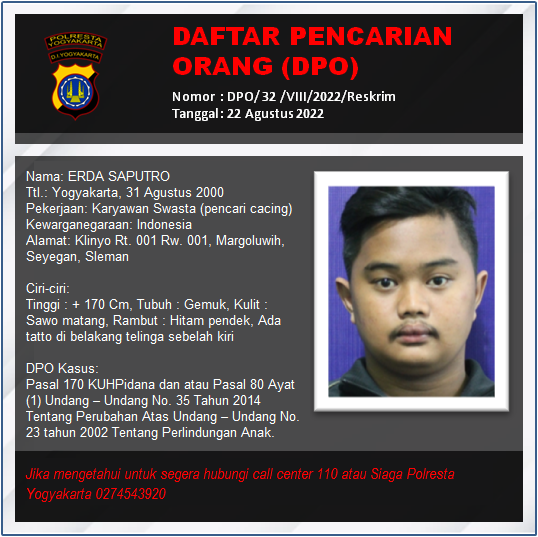polresjogja's tweet image. Daftar Pencarian Orang (DPO) kasus penganiayaan / pengeroyokan 

Jika mengetahui untuk segera hubungi call center 110 atau Siaga Polresta Yogyakarta 0274543920