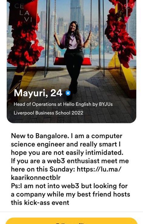 muskan_MEXC's tweet photo. Just Bengaluru things… when you find ways to “network” even on Bumble!!
@kaarikollective is on 🔥
#bestfriendthings https://t.co/CDn64qFuFC