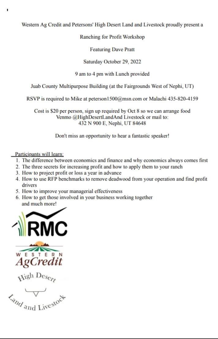 CodingAndDesign's tweet image. Michael and Malachi Peterson of #highdesertlandnlivestock along with @westernagcredit are pleased to invite you to a workshop featuring Dave Pratt from @ranching4profit ! This is a great opportunity to learn for a great price! Your seat is reserved once you pay!