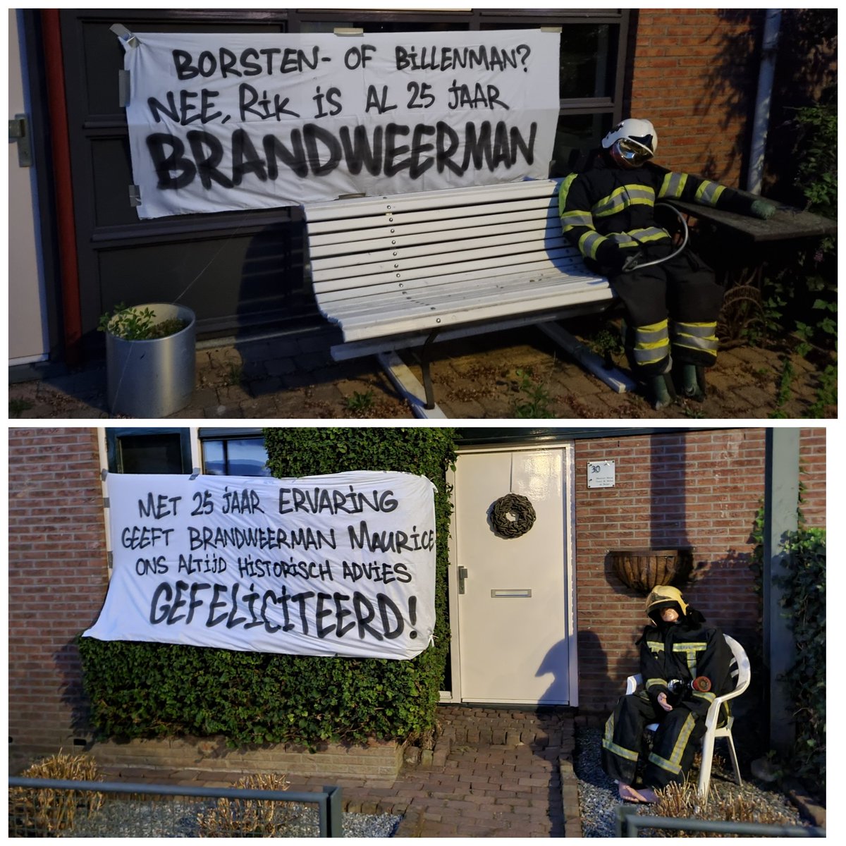 JoostEbus's tweet photo. Vanochtend was post Lent al vroeg uit bed. Collega's Maurice en Rik vandaag 25 jaar bij de brandweer. Daarom enige versieringen aangebracht bij hun woning. #vrijwilliger #brandweer #beroeps https://t.co/repAz3SW2n