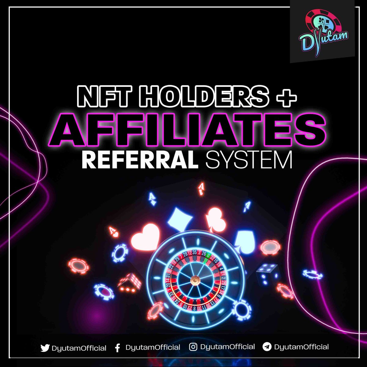 🤑Get up to 35% rewards of your referrals' lifetime GGR in $USDT to be credited to your Dyutam wallet!

🃏Be an NFT holder and an affiliate to get the 20% and 15% reward combo! Just use your NFT metadata link to refer!👌

🔔Don't miss out!

🔗 linktr.ee/dyutam