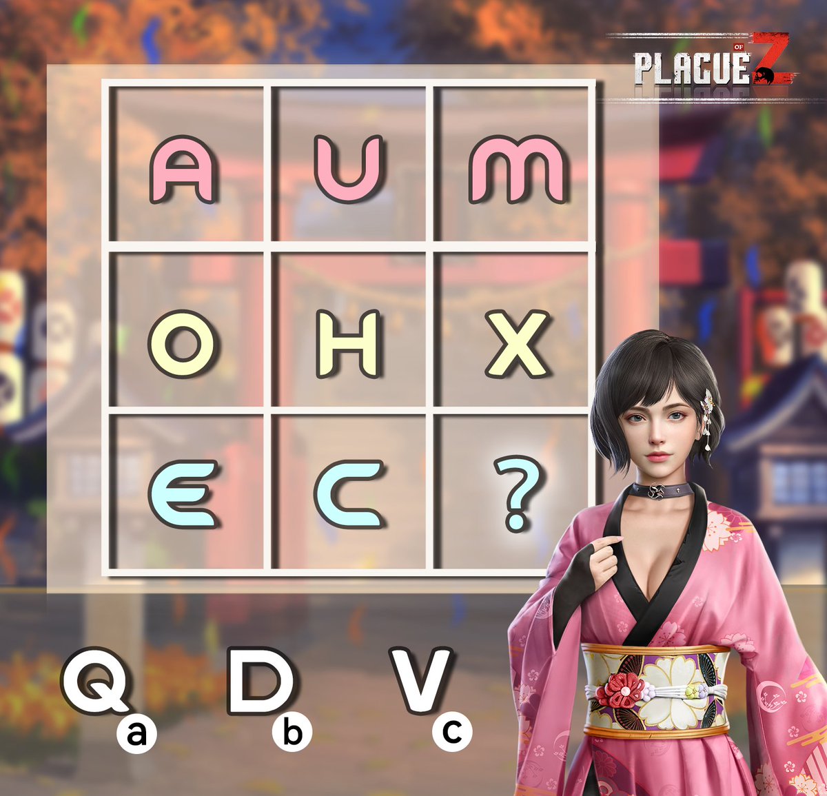 PlagueofZ's tweet photo. 🍂#AutunmCeremony Challenge🍂​
There seems to be a pattern hidden in this confusing pile of letters. Can you solve this #puzzle? 😵‍💫​
(Tips: Each line of letters seems to have a regular axis of symmetry)​ 🧐

#quiz #PoZ https://t.co/ceRvfi6eQJ