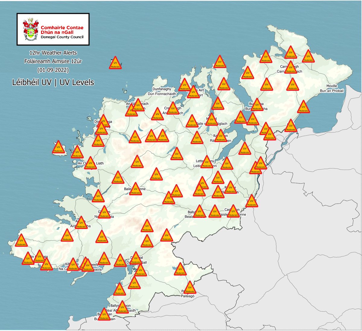 DonegalMaps's tweet photo. #Donegal Weather Alert: Up to Moderate UV levels forecast today Check Map https://t.co/msAC1l7faC #BeUVaware @donegalcouncil #BeSkinSmart #BeSummerReady https://t.co/EzSsNFJemC