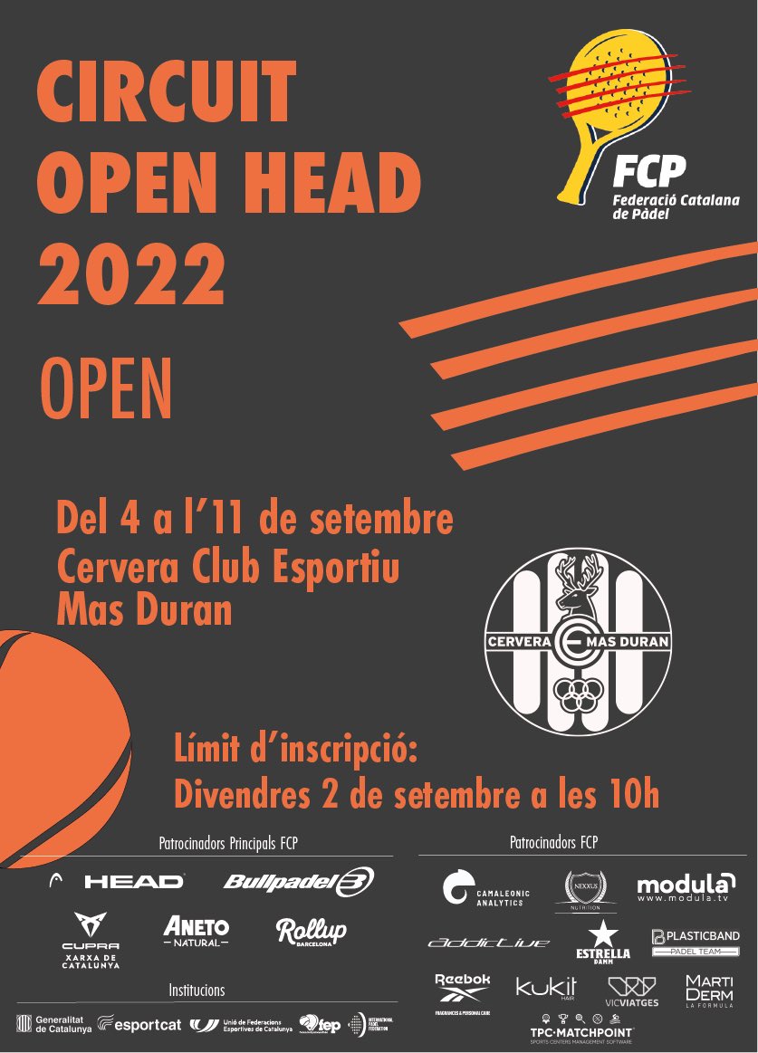 FCatalanaPadel's tweet photo. 🚨 ATENCIÓ
⚠️ INSCRIPCIONS OBERTES ⚠️
Fins demà 👉10h

🏆 Circuit #OpenFCP @HEAD_PADEL

📍@x3Padel (GRN)
📍Cervera CE Más Duran (LLD)
📍Uno Pádel Can Marcet(BCN)
📍CT Plana d’en Berga (TGN)

➡️ https://t.co/TcB0Gd0Q7d

#Pàdel #Català #MésPàdelQueMai https://t.co/EQKRMqGM6N