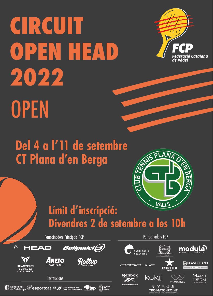 FCatalanaPadel's tweet photo. 🚨 ATENCIÓ
⚠️ INSCRIPCIONS OBERTES ⚠️
Fins demà 👉10h

🏆 Circuit #OpenFCP @HEAD_PADEL

📍@x3Padel (GRN)
📍Cervera CE Más Duran (LLD)
📍Uno Pádel Can Marcet(BCN)
📍CT Plana d’en Berga (TGN)

➡️ https://t.co/TcB0Gd0Q7d

#Pàdel #Català #MésPàdelQueMai https://t.co/EQKRMqGM6N