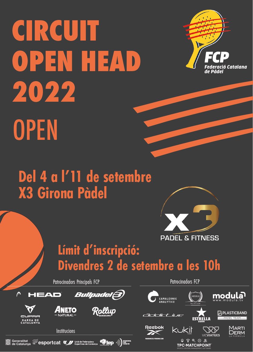 FCatalanaPadel's tweet photo. 🚨 ATENCIÓ
⚠️ INSCRIPCIONS OBERTES ⚠️
Fins demà 👉10h

🏆 Circuit #OpenFCP @HEAD_PADEL

📍@x3Padel (GRN)
📍Cervera CE Más Duran (LLD)
📍Uno Pádel Can Marcet(BCN)
📍CT Plana d’en Berga (TGN)

➡️ https://t.co/TcB0Gd0Q7d

#Pàdel #Català #MésPàdelQueMai https://t.co/EQKRMqGM6N