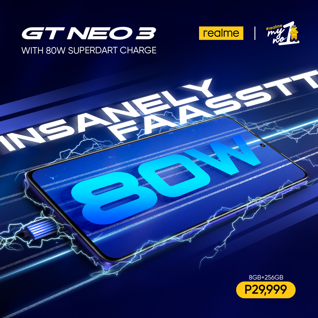realme_ph's tweet image. Why slow down when you can be INSANELY FAST? 🏎

The realme GT Neo 3 is designed to charge from 0% to 50% IN JUST 12 MINUTES, making it realme&apos;s fastest charging smartphone in the country yet!  

#NextLevelSpeed #realmeMyNumber1
