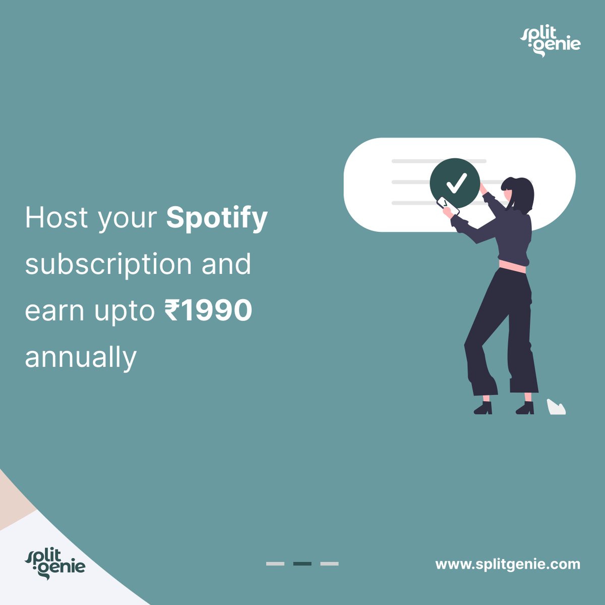 SplitGenie's tweet photo. Split your Spotify subscription with others on https://t.co/yHJlabCsHO and save 83% ๐
Join a Spotify Premium subscription at just Rs. 33 per month! ๐ฎ
Share (or Host) your subscription and earn 1990/- ๐ค
#spotify #splitgenie #spotifypremium #follow #song #thursdaymorning #ind https://t.co/PzgdEV7jrO
