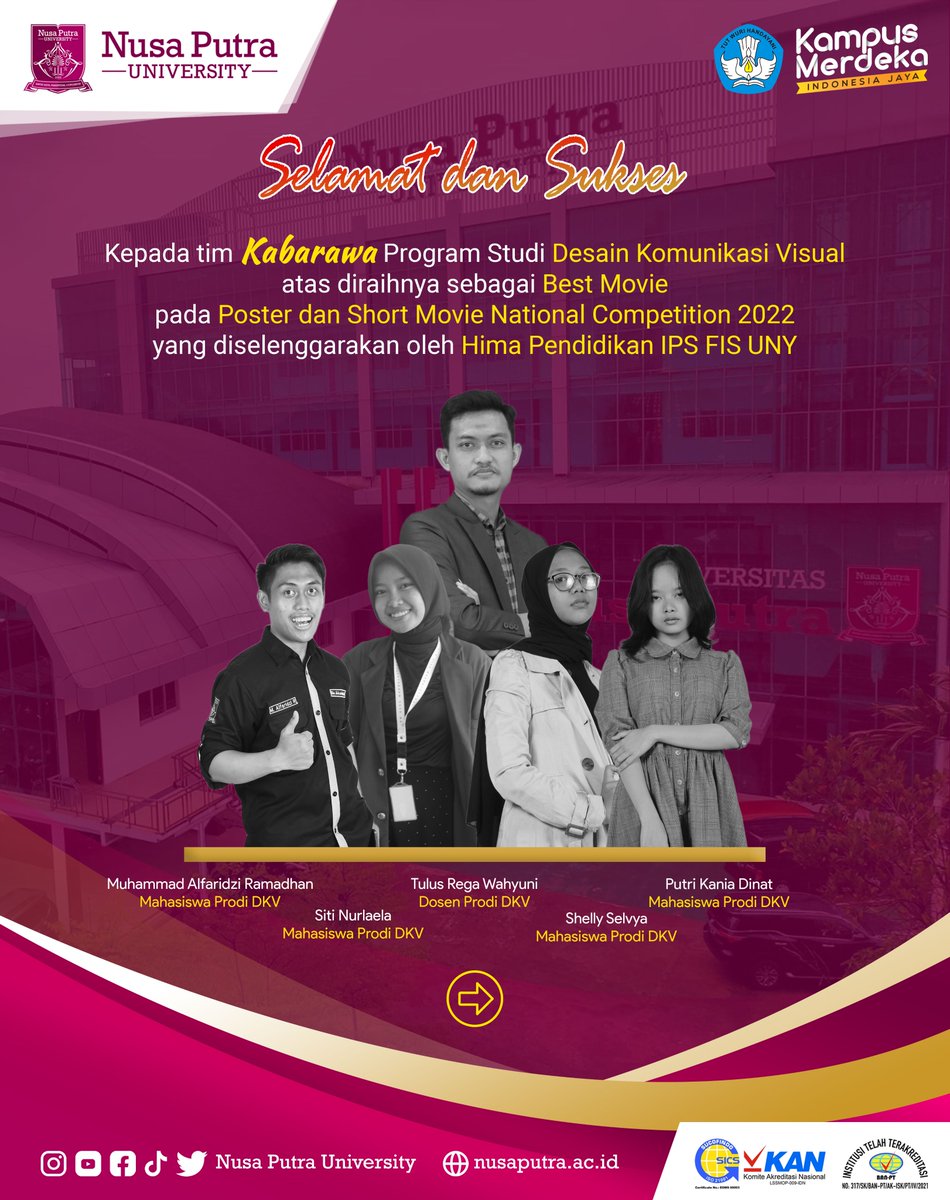 NUSAPUTRA_UNIV's tweet photo. Selamat dan Sukses Untuk Tim Short Film Kabarawa dari Prodi DKV Nusa Putra - FTKD yang telah meraih Best Short Movie pada Poster dan Short Movie National Competition 2022 yang diselenggarakan oleh HIMA Pendidikan IPS FIS UNY.
#genusian #nusaputrauniversity #NusaPutra https://t.co/INhzDDrQHA