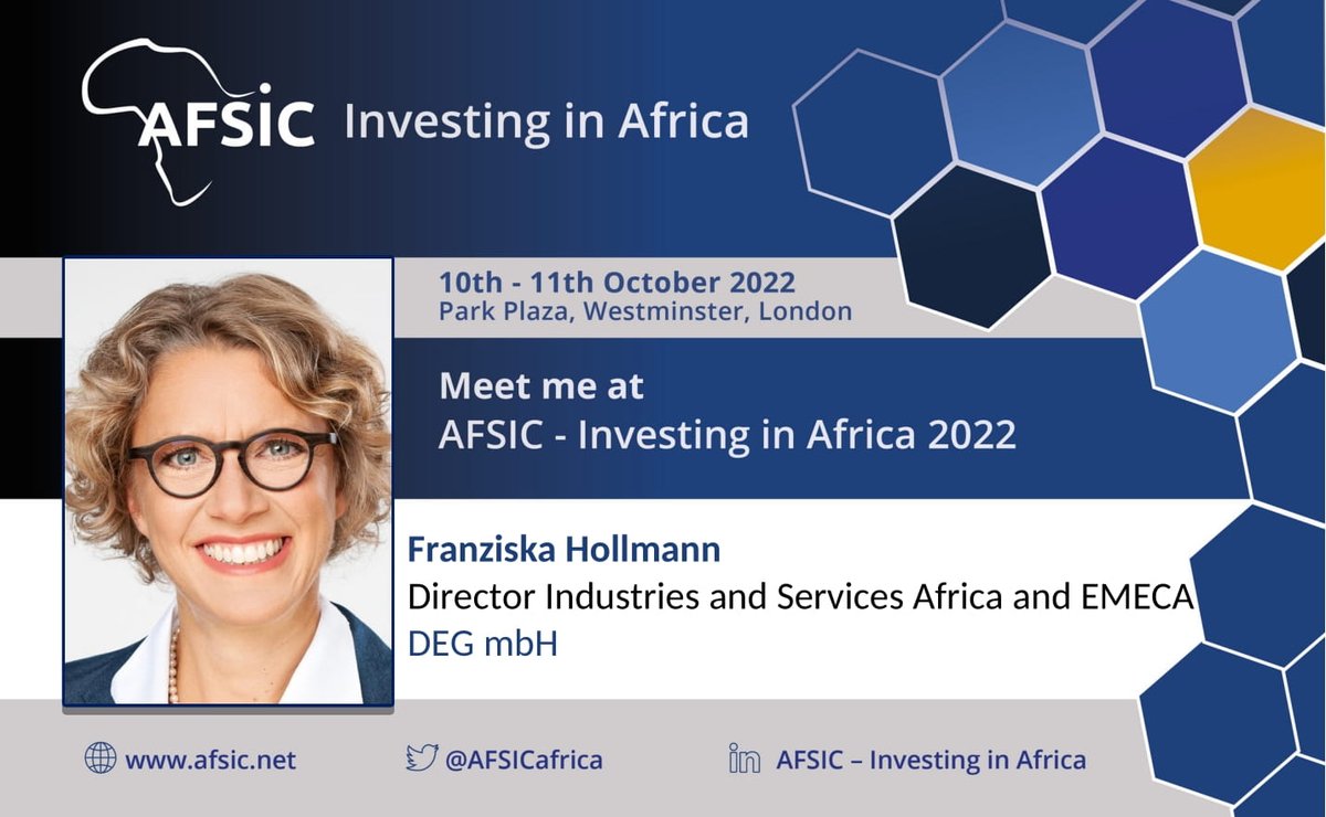 deginvest_int's tweet photo. 🌍#Africa's Investment Event @AFSICafrica will take place on 10 and 11 October. On site: Our colleague Franziska Hollmann, Director Industries and Services #Africa and #EMECA. You will meet her as a speaker at the #DFI networking event. Looking forward to meeting you there!👋🏽 https://t.co/pnLyzEkxCq