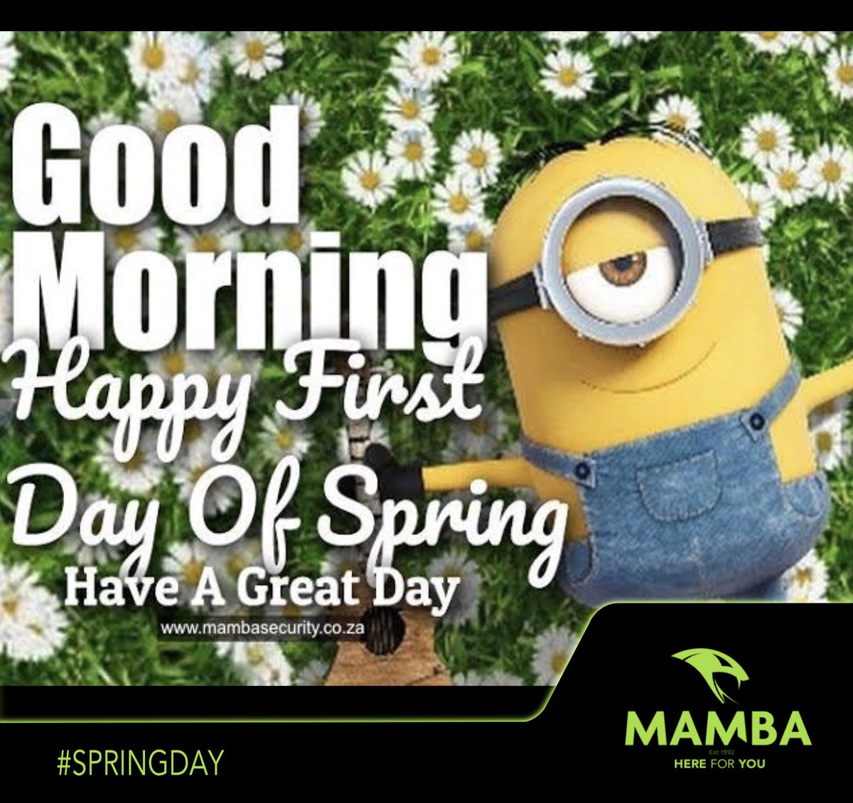 Mamba_Group's tweet photo. 𝐆𝐨𝐨𝐝 𝐌𝐨𝐫𝐧𝐢𝐧𝐠 𝐌𝐚𝐦𝐛𝐚 𝐓𝐫𝐢𝐛𝐞!

Happy First Day of Spring!
Have a great day. 

Head-Office: 011 609 0237
mamba@mambagroup.co.za
https://t.co/Fk7SaV3xlV

#mambasecurity 
#springday https://t.co/q2D81HMEkS