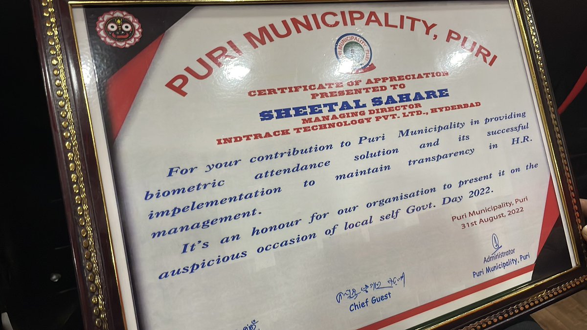 Indtrack's tweet photo. It’s honoured to get felicitation by #Puri #municipal by hand of honourable #mla of Puri and other district officials. For #android based #biometric and #gps solution for on field attendance https://t.co/jMDwmbH4hj