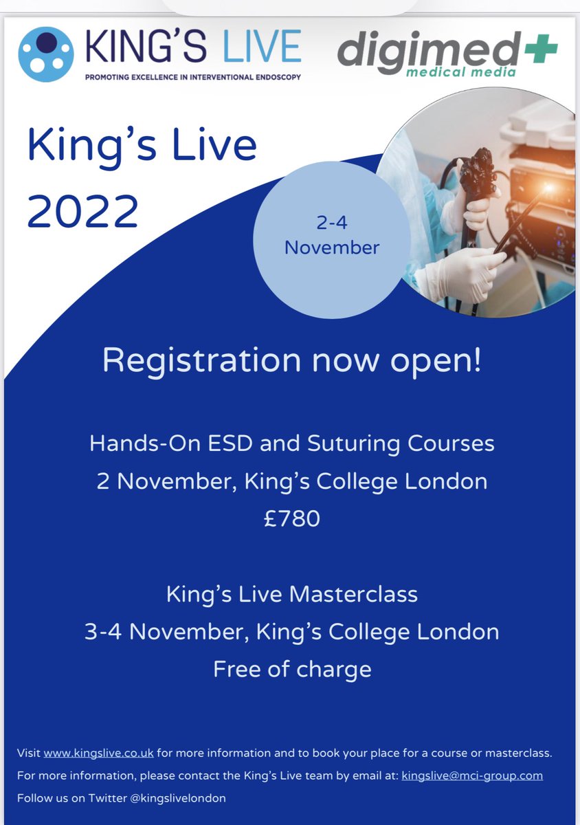 Join us from 2-4 Nov 2022 for interventional live endoscopy, interactive lectures and hands on ESD and endoscopic suturing. For the first time in 12 years the meeting is free to attend so book now on kingslive.co.uk to avoid disappointment <a href="/kingslivelondon/">King's Live</a> <a href="/BritSocGastro/">BSG</a>