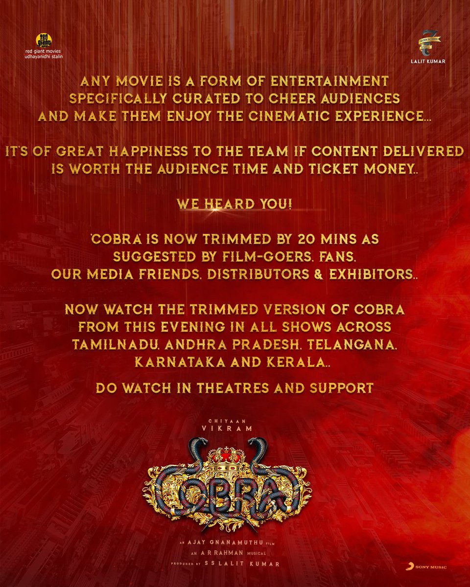 7screenstudio's tweet photo. We Heard You 🙌

#Cobra is now Trimmed by 20 Mins as suggested by film-goers,fans,media friends, distributors &amp; exhibitors 😊

Will be updated from this evening in all the screens ☺️ Do watch &amp; support the film..

@chiyaan
@AjayGnanamuthu
@RedGiantMovies_ 
@SonyMusicSouth https://t.co/4a4mlnYOF2