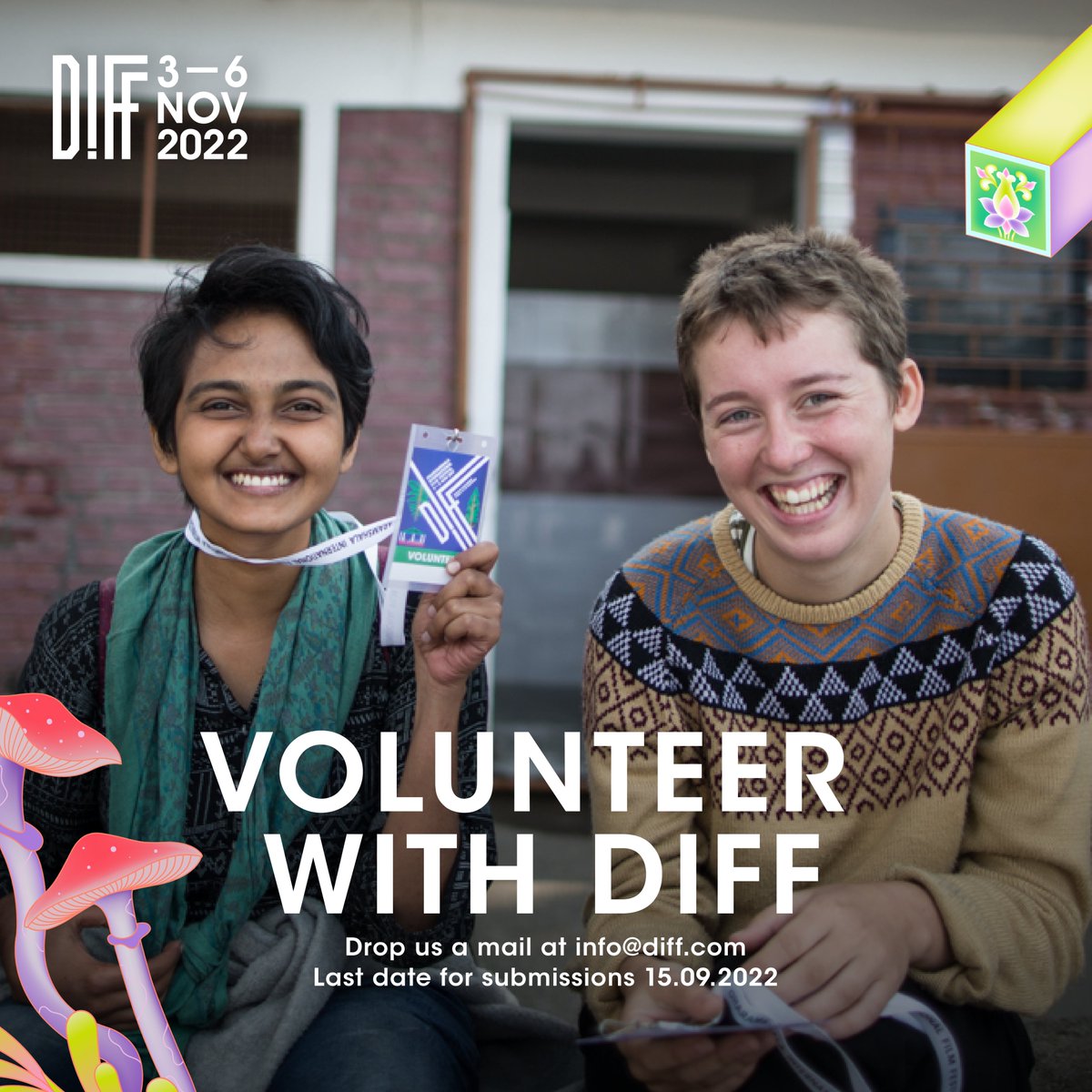 DIFFindia's tweet photo. We are accepting applications for the DIFF 2022 Volunteer Programme from today! Interested candidates can fill in their details here - https://t.co/hxbX6cBwHX

#DIFF2022 https://t.co/GZAlbmYChE