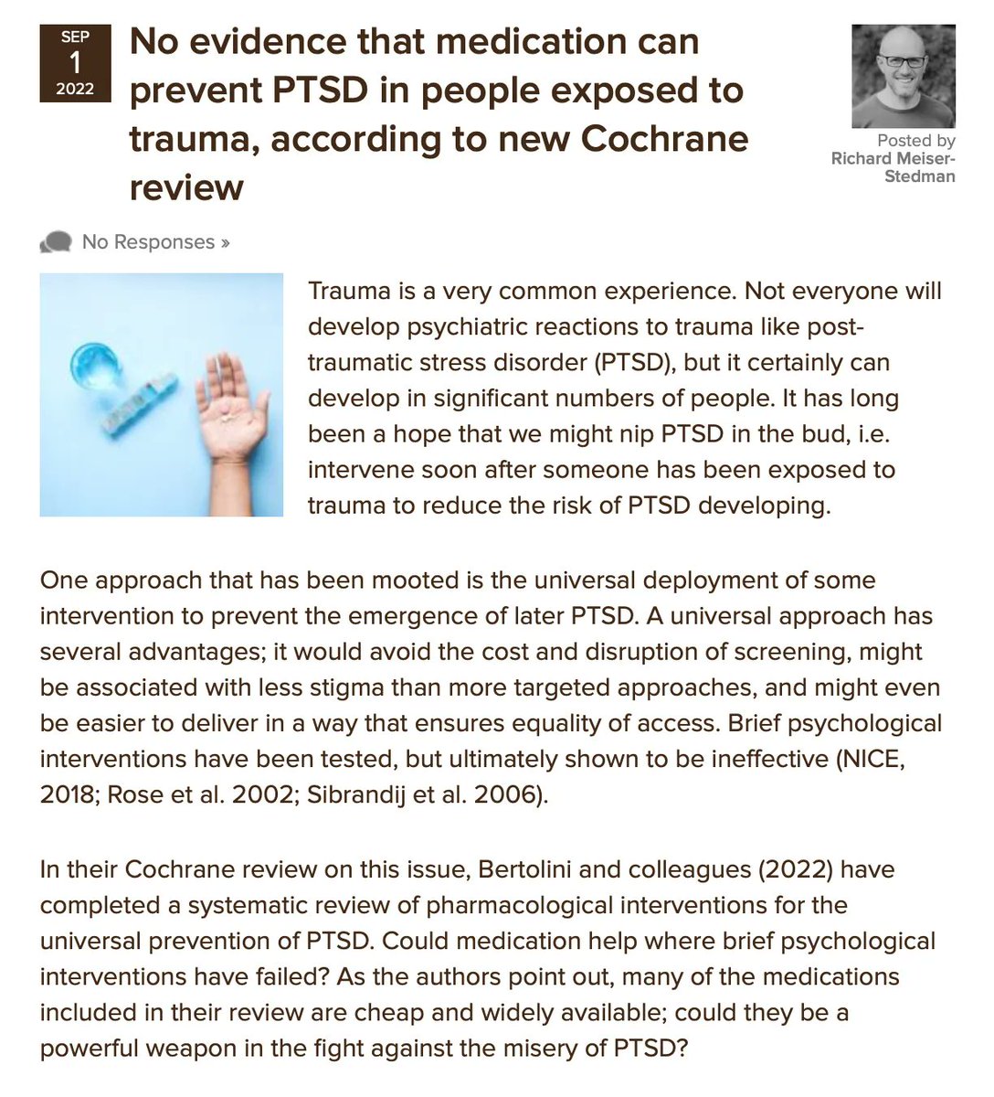 Today @RMeiserStedman explores a recent @Cochrane_CCMD systematic review by Federico Bertolini et al, which finds no evidence for the use of medication to prevent the onset of #PTSD in people who have been exposed to a traumatic event elfi.sh/3KyKZ4k