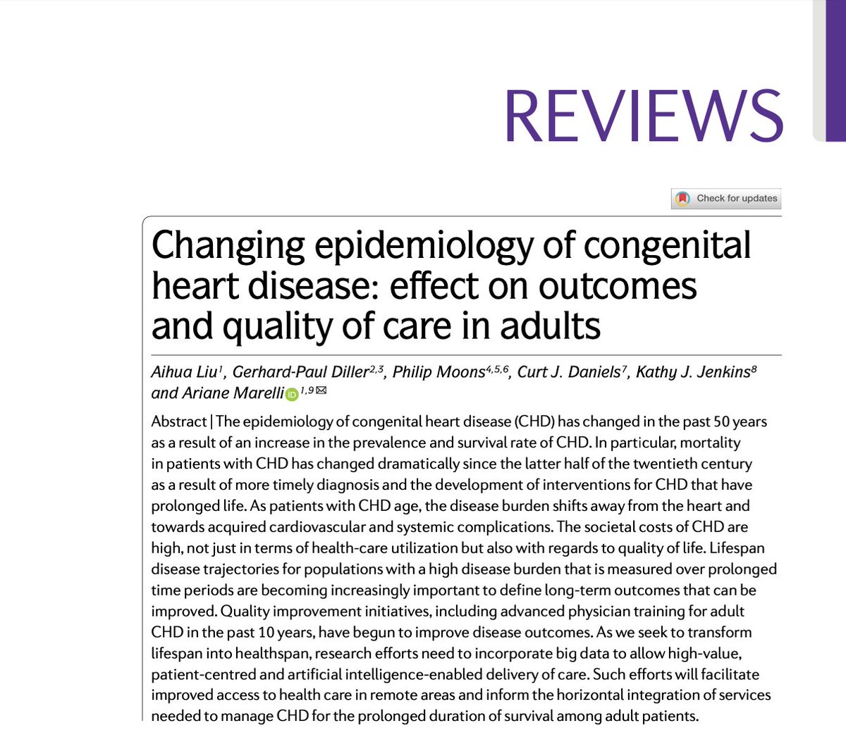 📢 Our review on the #epidemiology of #congenital heart disease is now published in Nature Reviews Cardiology. This paper gives a contemporary view on the size and challenges of this growing cardiac population.

🖨️ doi.org/10.1038/s41569…

#CHD #ACHD #CHD4Life