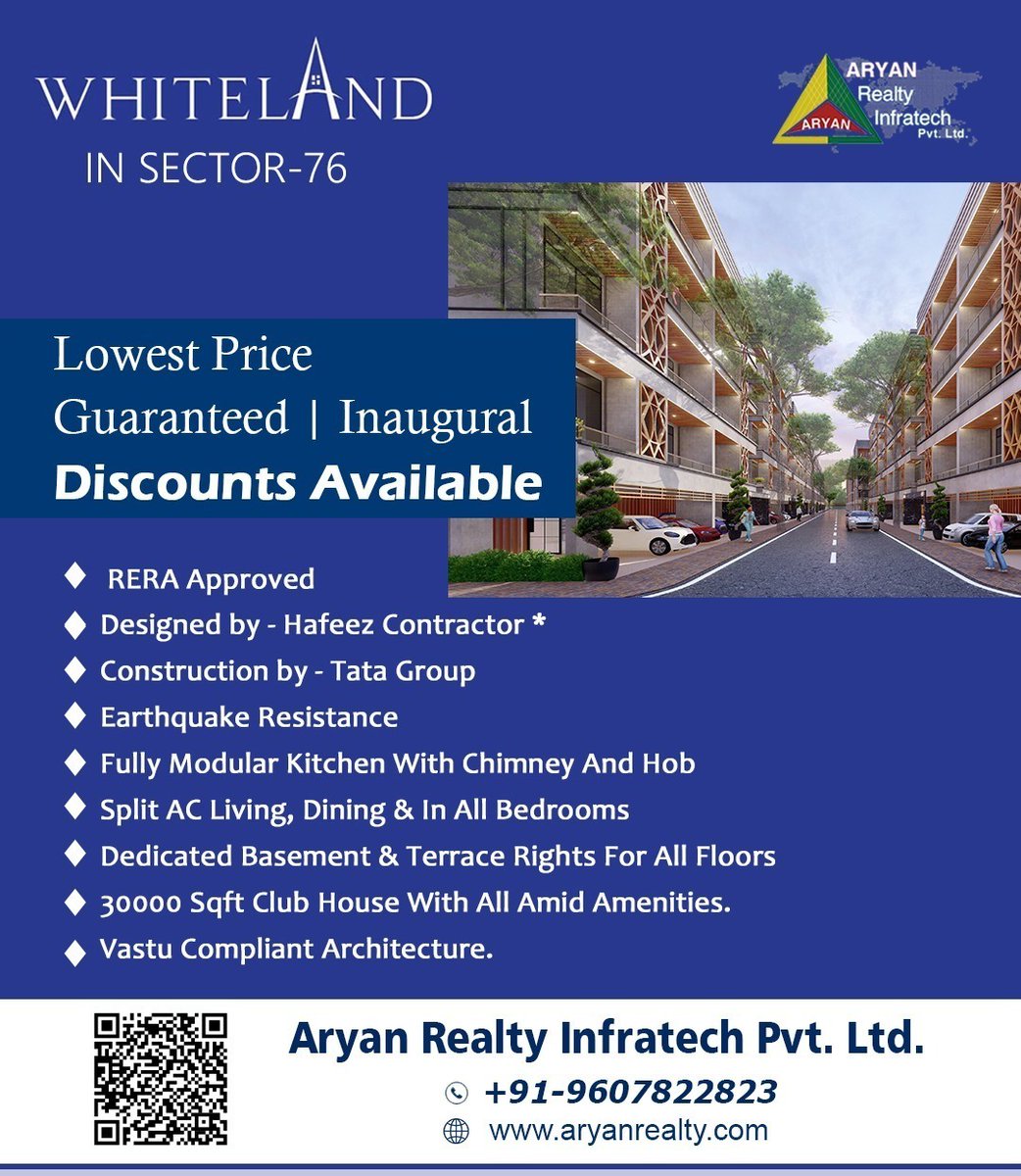We are exclusive working with WHITELAND BLISSVILLE

Lowest Price Guaranteed | Inaugural 
Discount Available

Design By Hafeez Architech 
Construction By TATA

#aryanrealtyinfratech #whiteland #Launches #Sector76  #architecture #luxury  #newhome #property #Gurgaon #Sector76Gurgaon