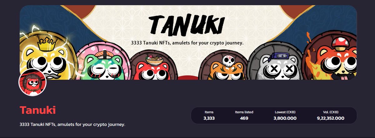 🧧TANUKI 🧧

Current floor price: 3,800 $CKB.
Over 900000 $CKB in volume.
Have you bought or sold any in YokaiDojo Market?🧐
nft.yokaiswap.com/nfts/collectio…

#NFT #Tanuki #NFTs #NFTCommumity #NFTProject #nftart #NervosNetwork