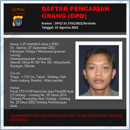 polresjogja's tweet image. Daftar Pencarian Orang (DPO) kasus penganiayaan / pengeroyokan 

Jika mengetahui untuk segera hubungi call center 110 atau Siaga Polresta Yogyakarta 0274543920