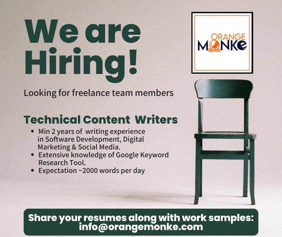 OrangeMonk_E's tweet image. Orange MonkE is #hiring #technicalcontentwriter. Share your resumes along with your work samples at info@orangemonke.com.

#orangemonke #contentwriter #hiringnow #indiajobs