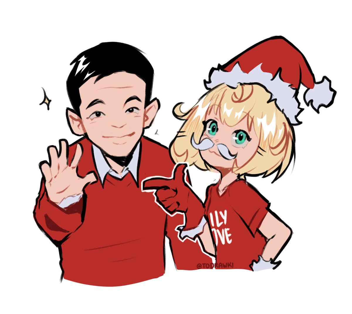 1girl 1boy santa hat hat blonde hair gloves black hair  illustration images