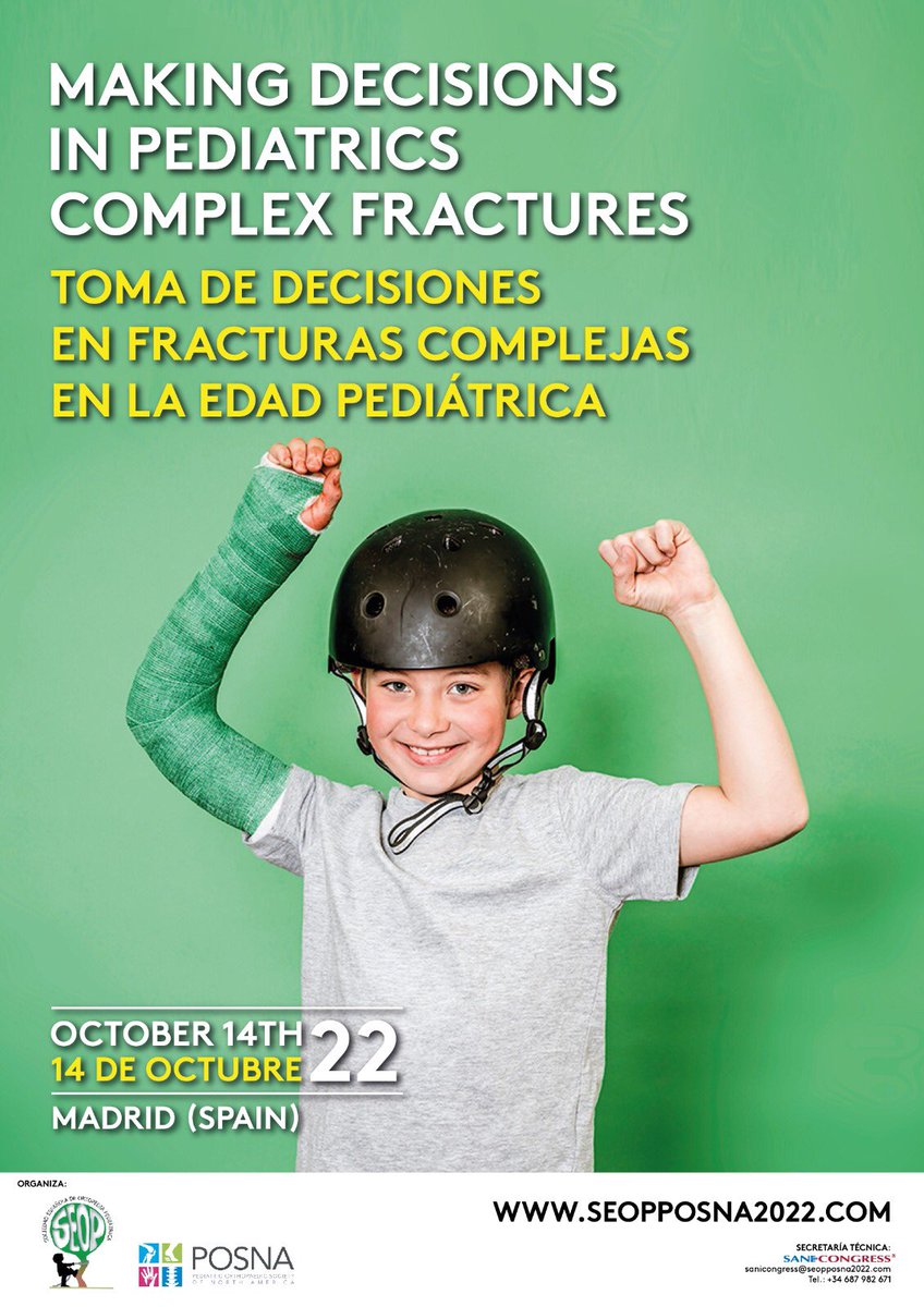 📌Making decisons in pediatrics complex fractures 📌Toma de decisiones en fracturad complejas pediátricas 📅14Th October 14 de octubre ⭕️Save the date! 📍Madrid, Spain Organize: @SEOP_news @POSNA_org Website: seopposna2022.com/programa.php