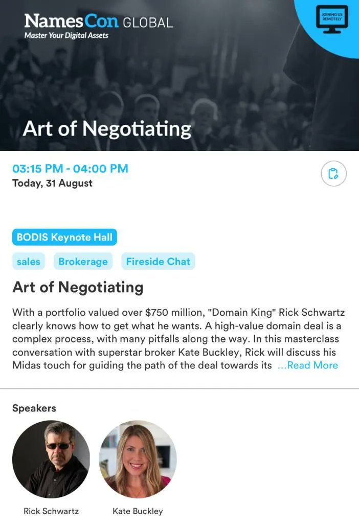domain_magazine's tweet photo. #KateBuckley in conversation with #RickSchwartz
#NamesConGlobal2022 #NamesCon #NamesConGlobal #Domainers #DomainNames #DomainMagazine #ArtOfNegotiating https://t.co/RNqxB5YM7J
