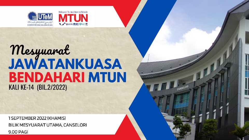 BendahariUTeM's tweet photo. MESYUARAT JAWATANKUASA BENDAHARI MTUN KALI KE EMPAT BELAS (BIL.2/2022)
Tarikh : 1 September 2022 (Khamis)
Masa  : 9.00 pagi
Tempat : Bilik Mesyuarat Utama, Canselori
Ahli mesyuarat : Bendahari UA MTUN dan Pegawai-pegawai Kewangan Kanan UA MTUN https://t.co/YTiraOxQqC