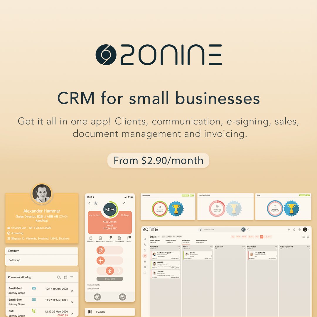 DNewhood's tweet photo. 20NINE - The small business CRM for $2.90 per user and month, with no lock-in period, that gives control over clients, sales, communication and documents from both the mobile & computer, in one place.
Try 14 day Free trial: https://t.co/hbge0zqb8R
#20nine #crmforsmallbusinesses https://t.co/55mnWCcFR1