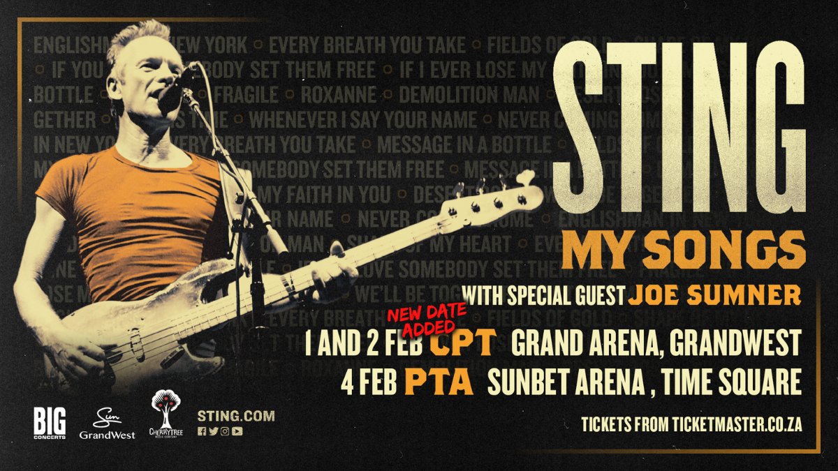 BigConcerts's tweet photo. ๐ฃ #StingCapeTownFans, this one is for youโผ๏ธ
Due to exceptional demand, a 2nd Cape Town show has been added on 2 Feb 2023.
1 Feb @GrandWestSA
2 Feb @GrandWestSA #NewDateAdded
4 Feb @TimeSquareZA
๐ซ Tickets go on sale 9 am on Fri 2 Sept from https://t.co/jj1YOmz9E6. https://t.co/ErnlmB3sfv