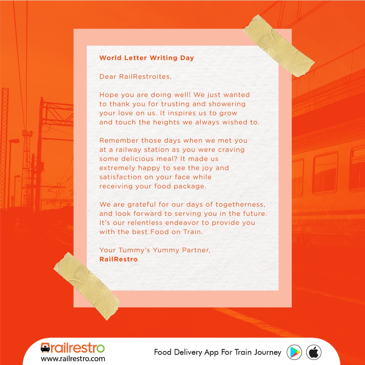Railrestro's tweet image. Dear RailRestroites, we would like to pay our gratitude to you through this letter on this #worldletterwritingday.

#worldletterday #railrestroapp #celebration #togetherness #trust #railwaystation #indianrailways #mealontrain #craving #foofdontrain #happiness