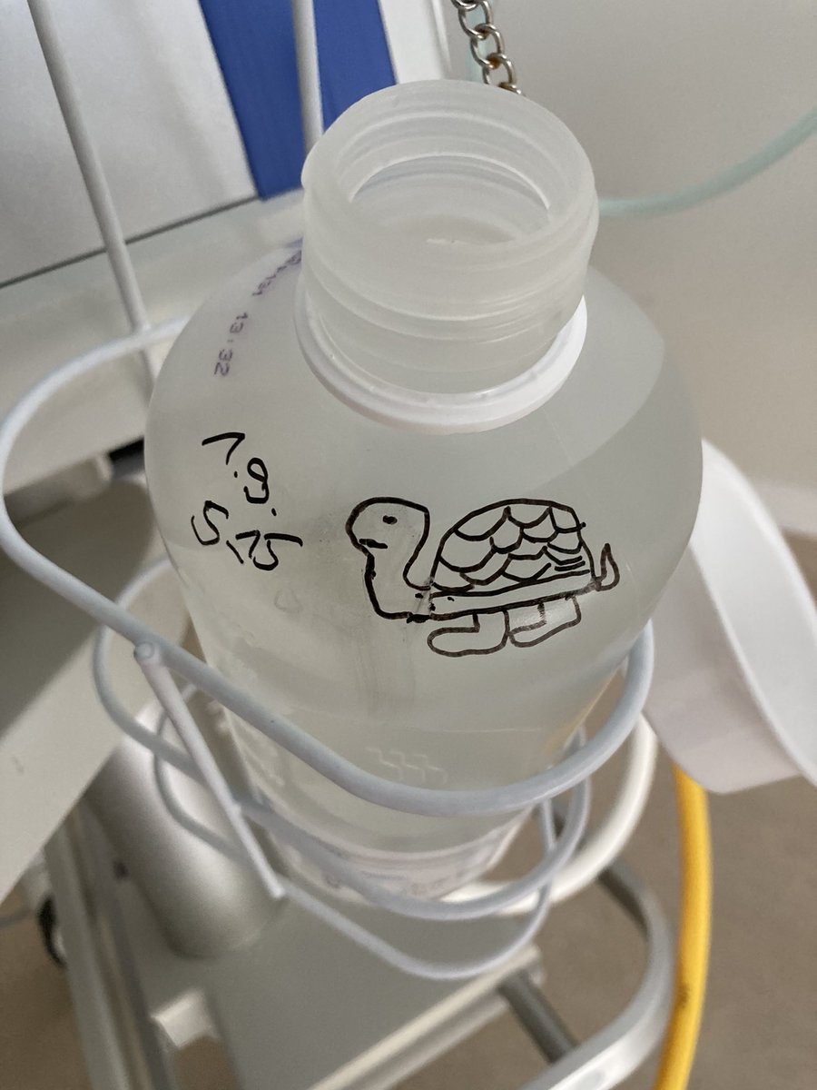 Eine mit Wasser gefüllte Plastikflasche in einem weissen Metallhalter. Auf der Flasche ist Darum und Uhrzeit vermerkt und eine Schildkröte ist draufgemalt