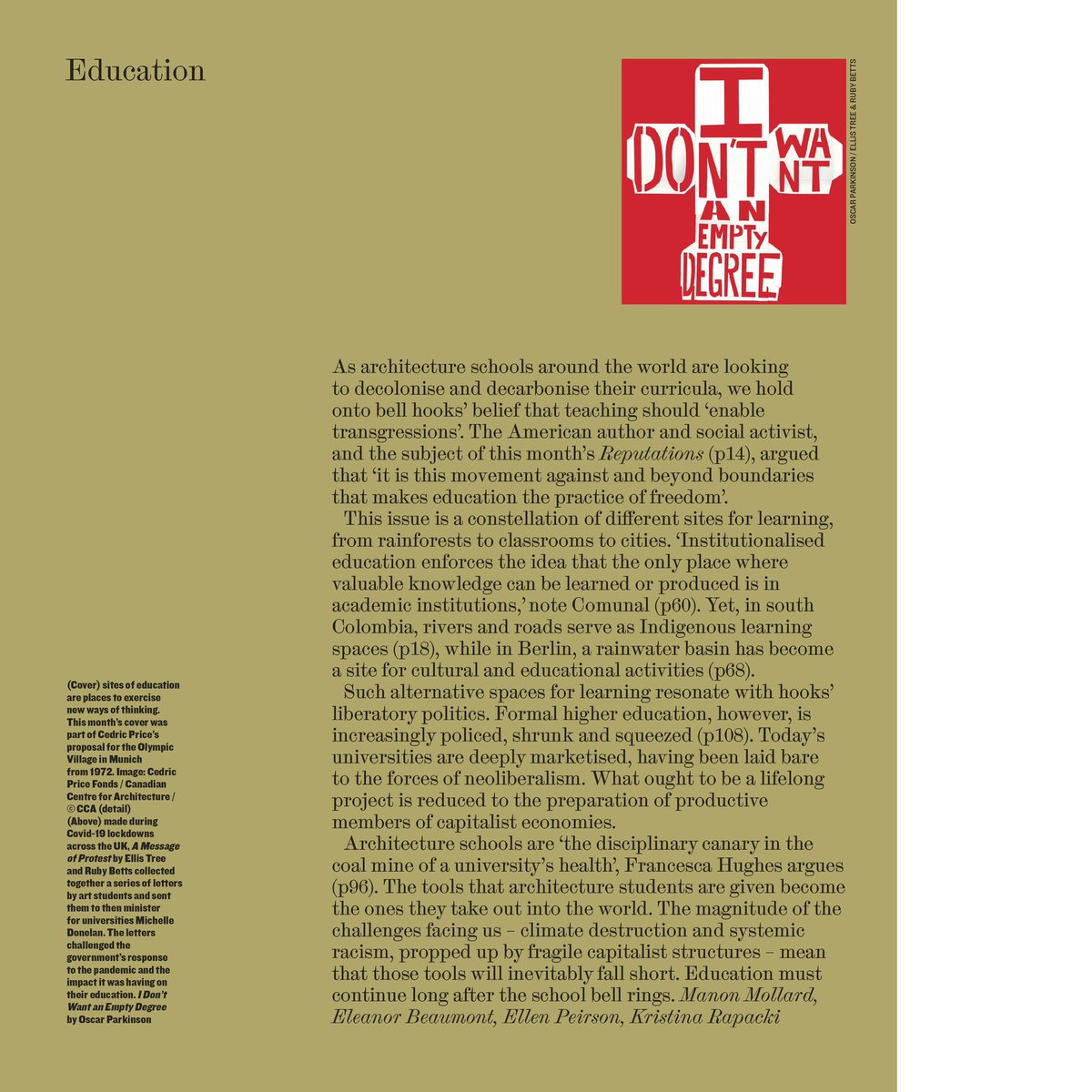 manonmollard's tweet image. As architecture schools around the world are looking to decolonise and decarbonise their curricula, we hold onto bell hooks’ beliefs that teaching should ‘enable transgressions’ and ‘education is the practice of freedom’ 🗯 the AR Education issue is here architectural-review.com/magazines/ar-s…