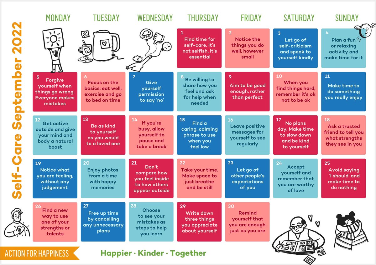 Self Care September - Day 1: Find time for self-care. It’s not selfish, it’s essential actionforhappiness.org/self-care-sept… #SelfCareSeptember