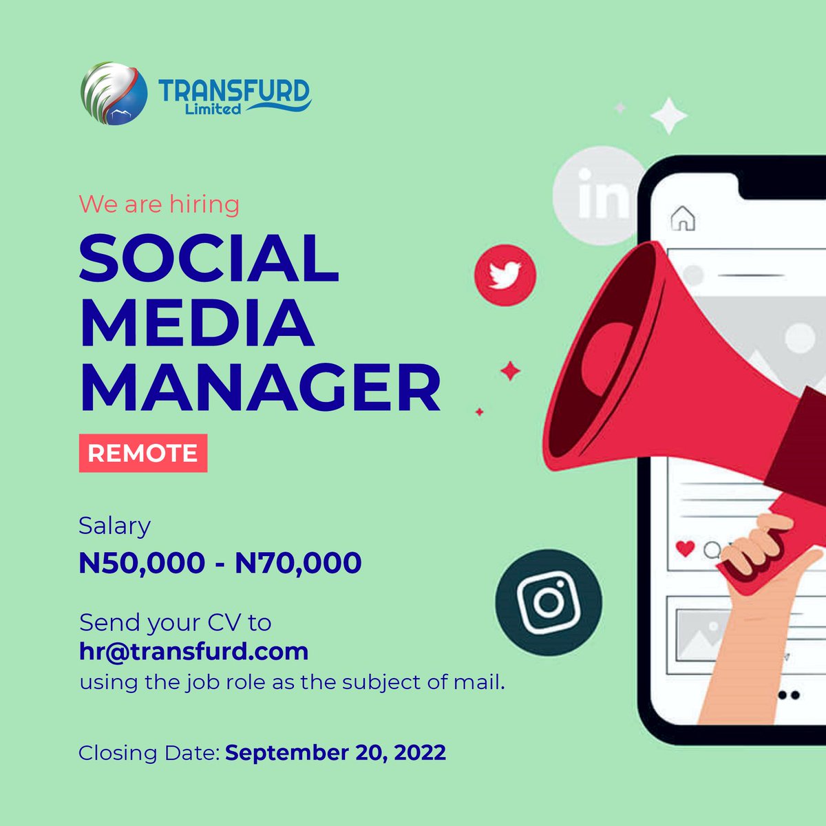 transfurdltd's tweet photo. We are hiring!
Fully remote|| Send your resume to Hr@transfurd.com
#SocialMediaManager #SocialMedia #Digital #SocialMediaExpert #Graphics #ContentDev https://t.co/fadOv1CvKZ